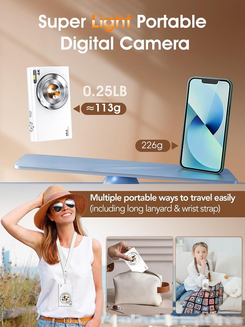 Lecnippy Digital Camera,Autofocus 4K Vlogging Camera for Photography with 32GB Card,48MP Portable Compact Point and Shoot Digital Camera for Teens Adult Beginner with 16X Zoom,Anti-Shake,2 Batteries(White) - Image 5